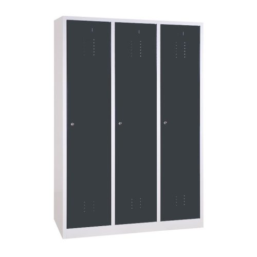 Szélesajtós acél öltözőszekrény, 3 rekeszes, válaszfallal, 1800mmx1200mmx500mm, Szürke/antracit szí