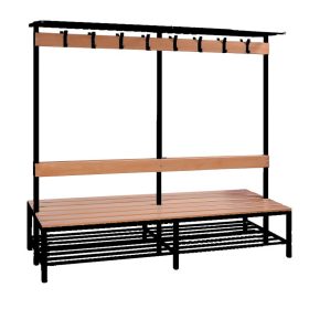 Öltözőpad fenyőfa lécezéssel, fogas állvánnyal egybeépítve, két oldalas, cipő tartó ráccsal + kalap