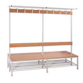 Öltözőpad fenyőfa lécezéssel, fogas állvánnyal egybeépítve, két oldalas, cipő tartó ráccsal + kalap