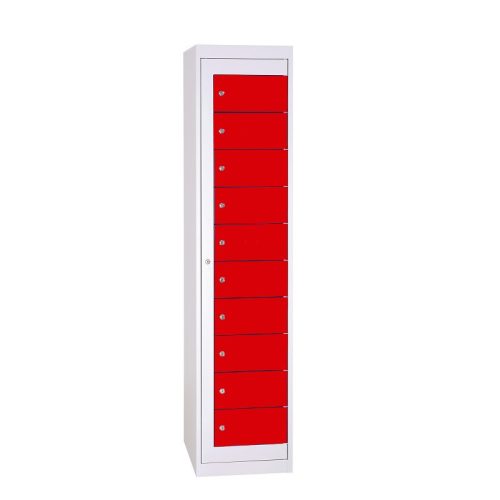 Szennyes tároló fém szekrény, 10 ajtós (2×5), zárt aljjal, 1800mmx740mmx500mm, Szürke/piros színben