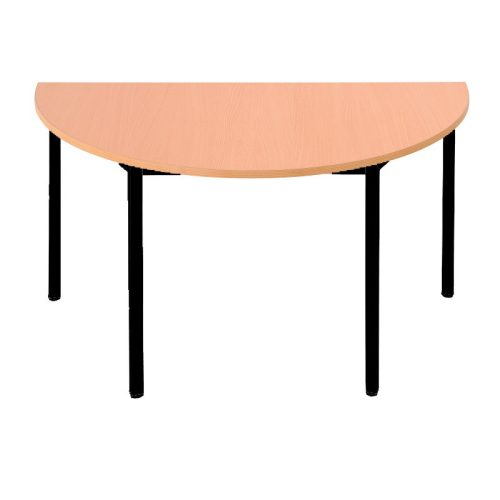 Félkör alakú asztal, kör keresztmetszetű fém lábakkal, 750mmx1200mmx600mm, Fekete/bükk színben