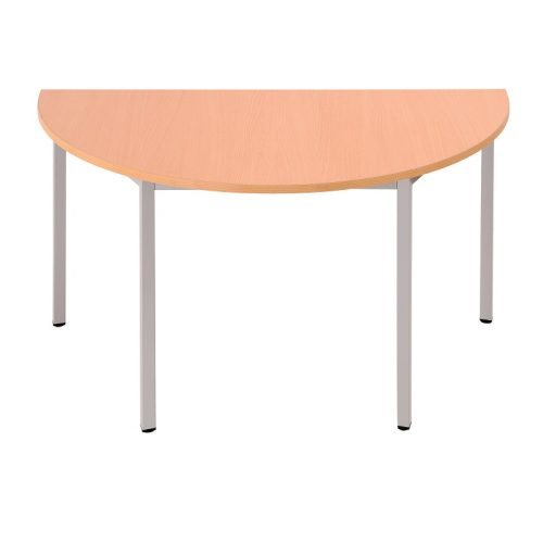 Félkör alakú asztal, négyzet keresztmetszetű fém lábakkal, 750mmx1200mmx600mm, Szürke/bükk színben