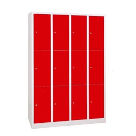 Értékmegőrző fém szekrény, 12 rekeszes (4×3), zárt aljjal, hengerzárral vagy lakatpánttal, 1800mmx1