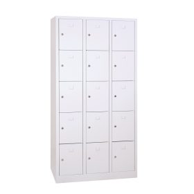 Értékmegőrző fém szekrény, 15 rekeszes (3×5), zárt aljjal, hengerzárral vagy lakatpánttal, 1800mmx9