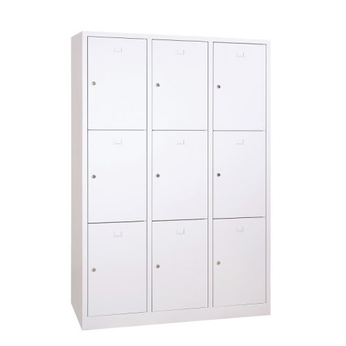 Értékmegőrző fém szekrény, 9 rekeszes (3×3), zárt aljjal, hengerzárral vagy lakatpánttal, 1800mmx12