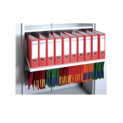 Kihúzható polc 180 fokban nyíló szárnyasajtós fém irattároló szekrényhez, függő irattartóval, 1200mmx420mm, Szürke