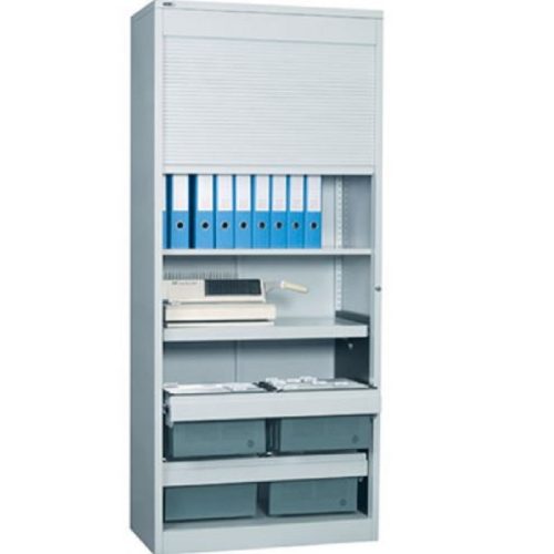 Redőnyös fém irattároló szekrény, függőlegesen nyíló redőnnyel, 2 polccal, 1050mmx1200mmx460mm, Szürke/szürke