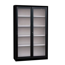   Tolóajtós fém irattároló szekrény, 4 mm-es edzett üveg ajtóval, 1 polccal, 750mmx800mmx450mm, Fekete/fekete