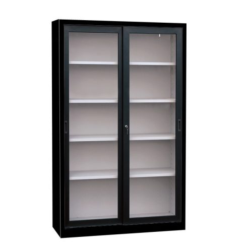 Tolóajtós fém irattároló szekrény, 4 mm-es edzett üveg ajtóval, 1 polccal, 750mmx800mmx450mm, Fekete/fekete