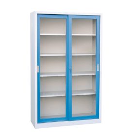   Tolóajtós fém irattároló szekrény, 4 mm-es edzett üveg ajtóval, 2 polccal, 750mmx1400mmx450mm, Szürke/kék