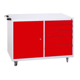 Guruló szerszámtároló kocsi, 5 fiókos (1×5) + bal oldalon ajtó, 840mmx1090mmx600mm, Szürke/piros sz