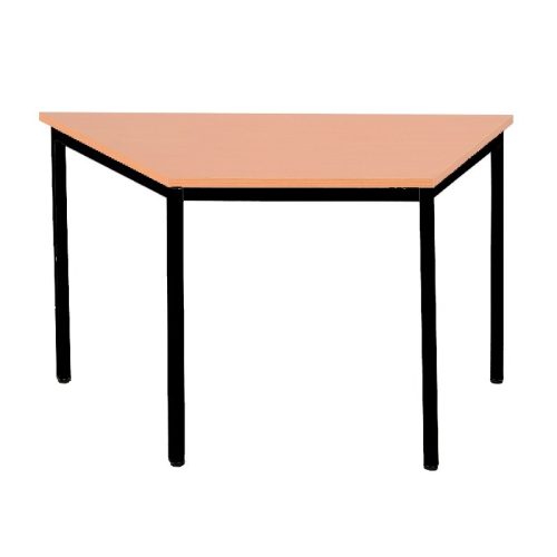 Trapéz alakú fémvázas asztal, kör keresztmetszetű fém lábakkal, 750mmx1200mmx600mm, Fekete/bükk szí
