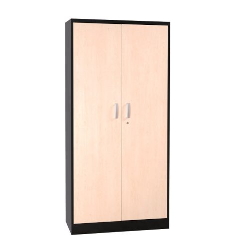 Szárnyasajtós fém irattároló szekrény fa ajtóval, 1 polccal, fa felső lappal, 750mmx800mmx380mm, Fekete/bükk
