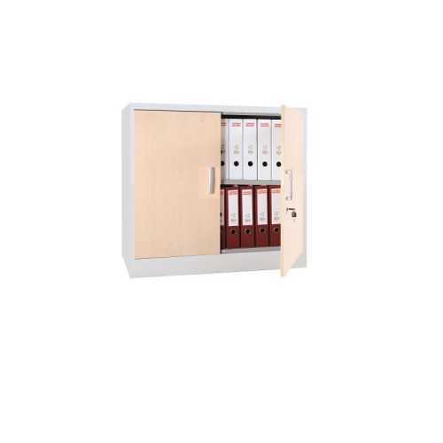 Szárnyasajtós fém irattároló szekrény fa ajtóval, 1 polccal, fa felső lappal, 750mmx800mmx380mm, Szürke/szürke