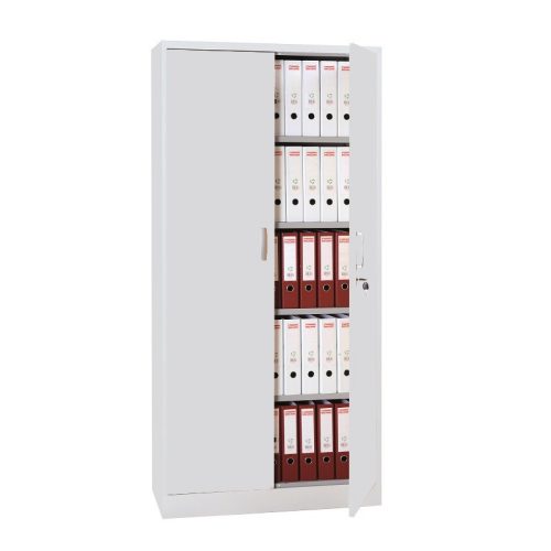 Szárnyasajtós fém irattároló szekrény fa ajtóval, 4 polccal, 1800mmx800mmx380mm, Szürke/szürke