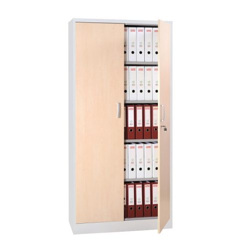 Szárnyasajtós fém irattároló szekrény fa ajtóval, 4 polccal, 1950mmx920mmx420mm, Ezüst/juhar