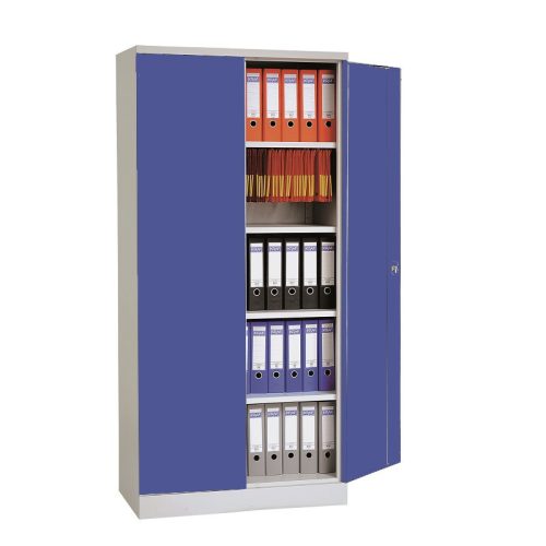 Szárnyasajtós fém irattároló szekrény 180 fokban nyíló ajtóval, 4 polccal, 1950mmx1200mmx420mm, Szürke/kék