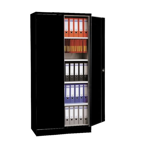 Szárnyasajtós fém irattároló szekrény 180 fokban nyíló ajtóval, 4 polccal, fogantyú nélkül, 1950mmx920mmx420mm, Fekete/fekete