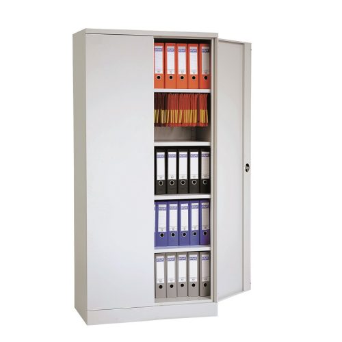 Szárnyasajtós fém irattároló szekrény 180 fokban nyíló ajtóval, 4 polccal, fogantyú nélkül, 1950mmx920mmx420mm, Szürke/szürke